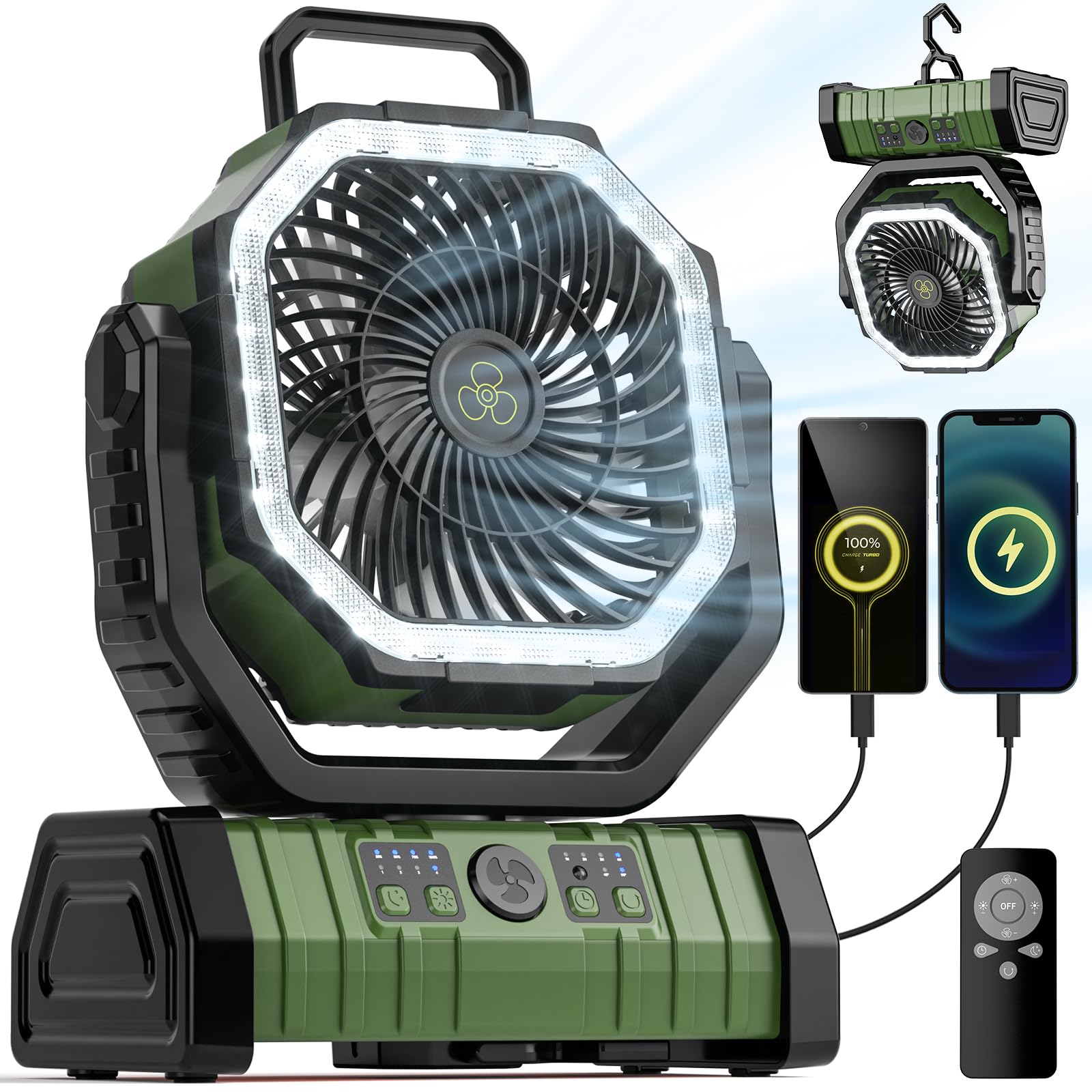 Outdoor Power Usa - พัดลมตั้งแคมป์ 20000mAh พัดลมแบตเตอรี่แบบชาร์จไฟได้พร้อมไฟ LED พัดลมเต็นท์กลางแจ้งแบบพกพาพร้อมตะขอแขวน ลมความเร็ว